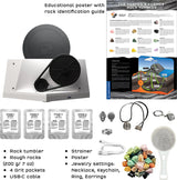 Educational Thames & Kosmos Rock Tumbler kit with components and a poster on a white background