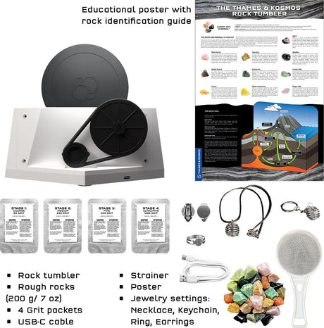 Educational Thames & Kosmos Rock Tumbler kit with components and a poster on a white background