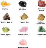 Collection of various gemstones with labels included with The Thames & Kosmos Rock Tumbler on a white background