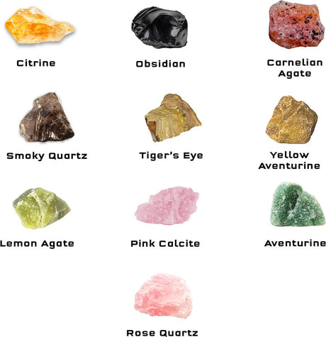 Collection of various gemstones with labels included with The Thames & Kosmos Rock Tumbler on a white background