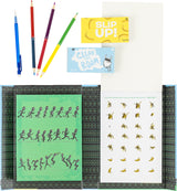 Flip Book Kit - Animation In Action including pencils, a notebook, and stickers on a white background
