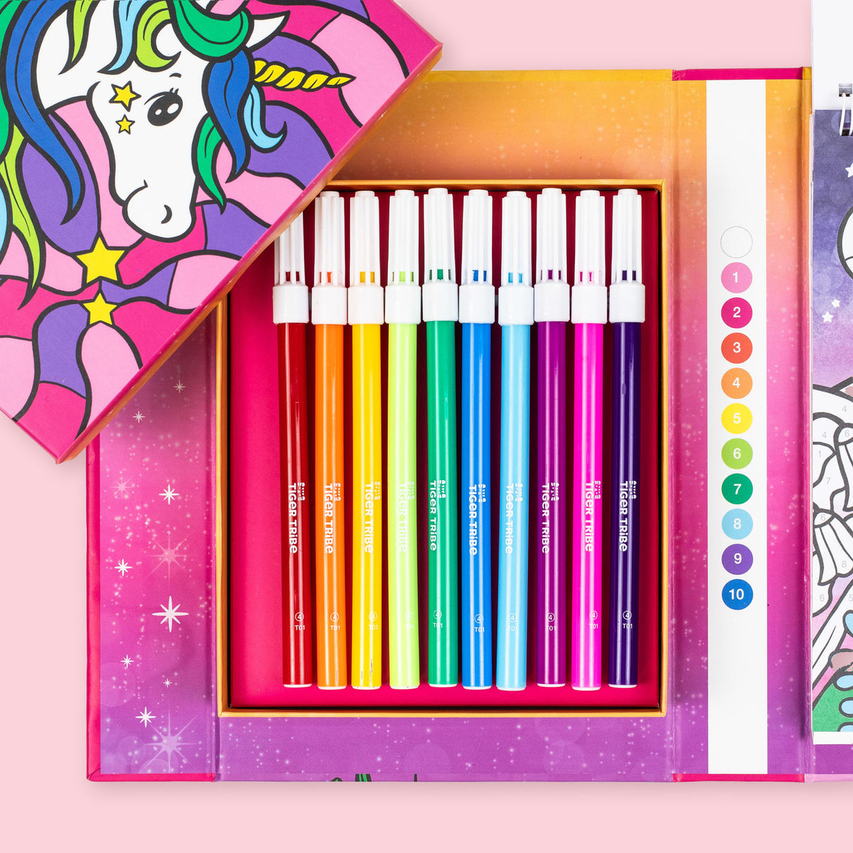 Set of colorful Color By Numbers - Unicorn Dreaming markers in a pink box with a unicorn design on a pink background