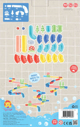 Marble Waterslide - ECO packaging with colorful water play toys on a grid background