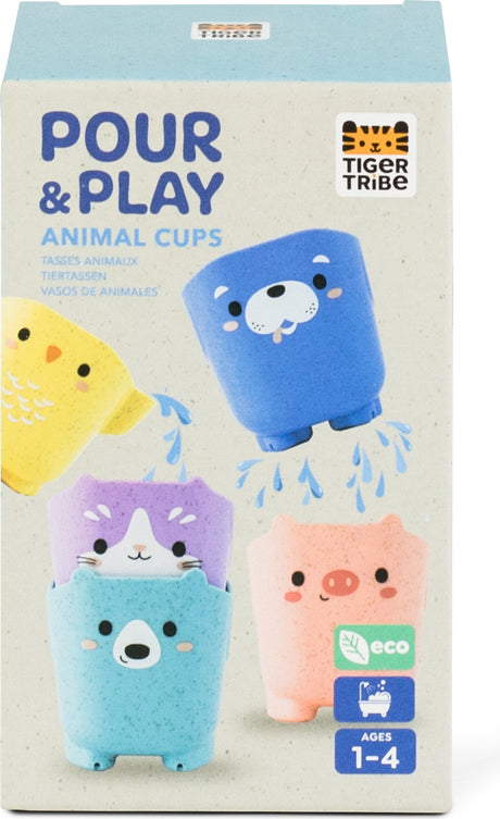 Box of Tiger Tribe Pour & Play Animal Cups with cartoon animal designs on a light background