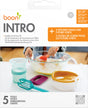 Boon Intro toddler food prep kit packaging with tools and a child using them.