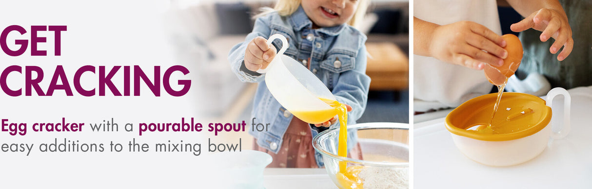 Egg cracker with pourable spout for easy additions to the mixing bowl, shown with a child and a person using it.