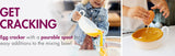 Egg cracker with pourable spout for easy additions to the mixing bowl, shown with a child and a person using it.