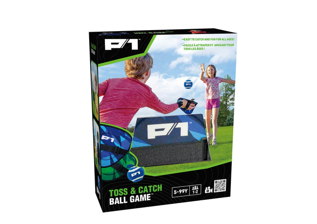 P1 Toss & Catch Ball Game retail packaging box shown on a plain white background. The box features the P1 logo, a photo of two children playing outdoors on grass, and product details including age 5+, height 35 inches, and playtime 12 minutes.
