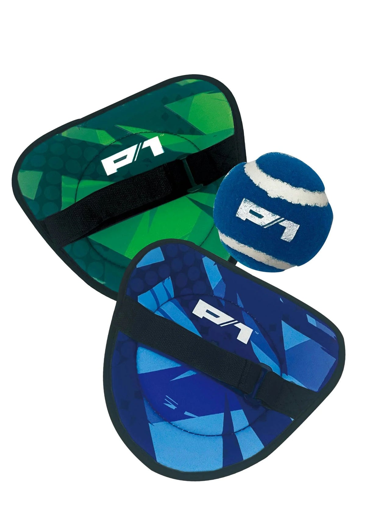 Two children playing with the Toss & Catch Ball Game one green and one blue pads with a matching ball on a white background, featuring the P1 brand.