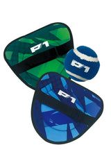 Two children playing with the Toss & Catch Ball Game one green and one blue pads with a matching ball on a white background, featuring the P1 brand.