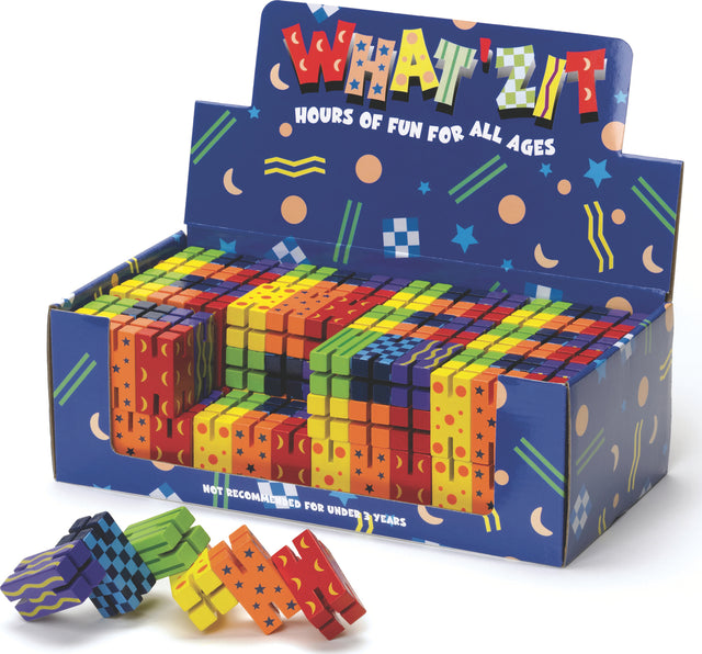 Box of fidget toys with 'What2Fit' branding on a white background