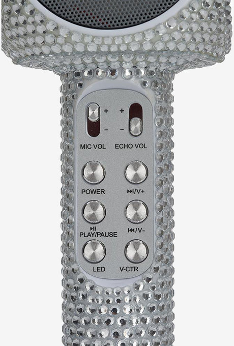 Silver Bling Karaoke Microphone with control buttons on a white background