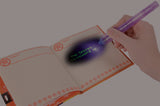 Hand holding a 2-IN-1 Invisible Writer over an open book with 'The Secret Password' written on it.