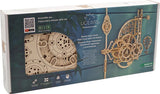 Ugears Model Aero Clock packaging with wooden model and text on a blue background