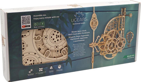 Ugears Model Aero Clock packaging with wooden model and text on a blue background