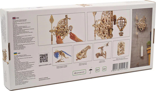 UGears Aero Clock packaging with images of mechanical models and text on a white background