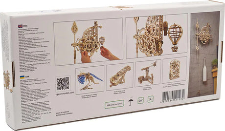 UGears Aero Clock packaging with images of mechanical models and text on a white background