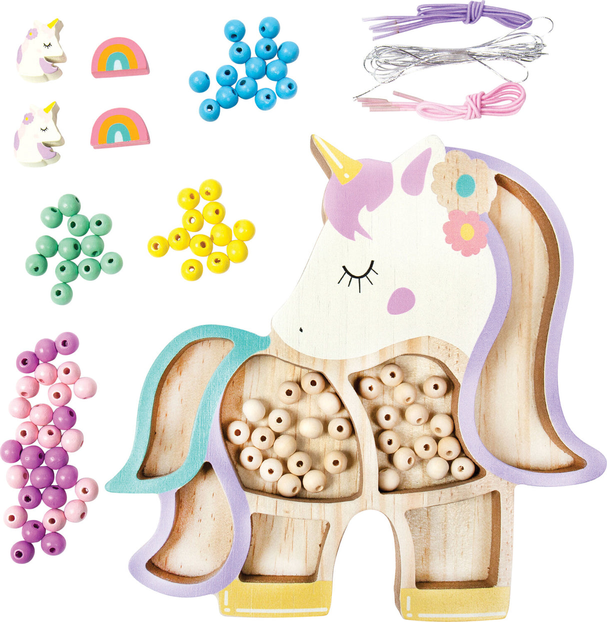 DIY Unicorn Bead Set with colorful beads and ribbons on a white background
