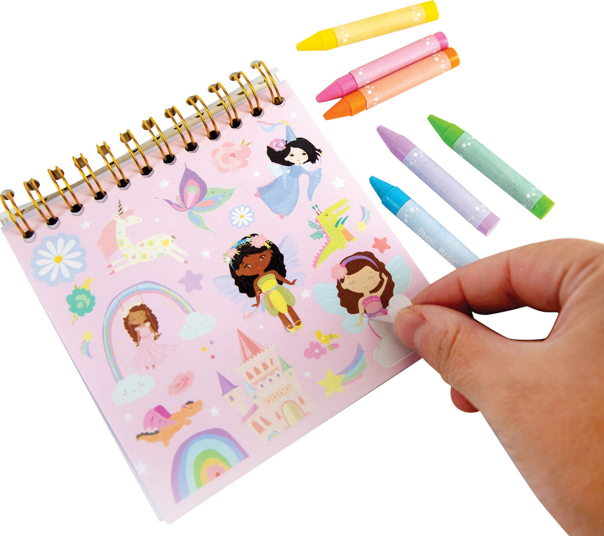 Little Art Coloring Set with fairy-themed stickers and colorful crayons on a white background