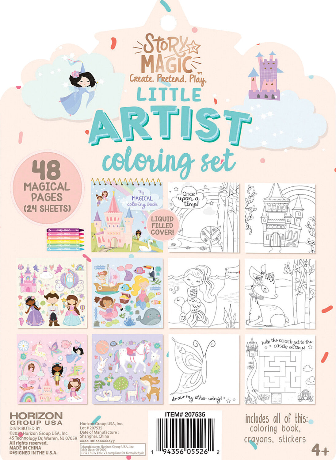 Story Magic Little Artist coloring set packaging with illustrations and text.