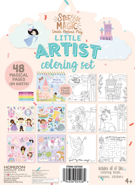Story Magic Little Artist coloring set packaging with illustrations and text.