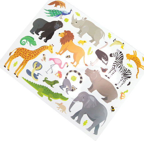 Sheet of colorful animal stickers on a white background