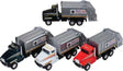 Collection of toy garbage trucks with different colors and designs on a white background