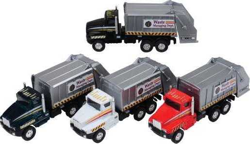 Collection of toy garbage trucks with different colors and designs on a white background