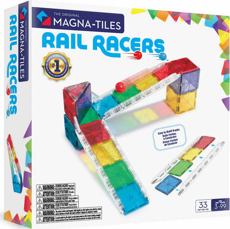 Magna-Tiles Rail Racers toy set packaging with colorful tracks and components.
