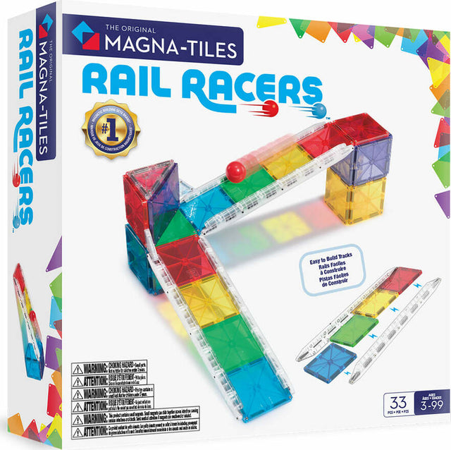 Magna-Tiles Rail Racers toy set packaging with colorful tracks and components.