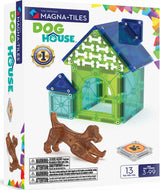 Magna-Tiles Dog House toy set packaging with colorful border and toy pieces.