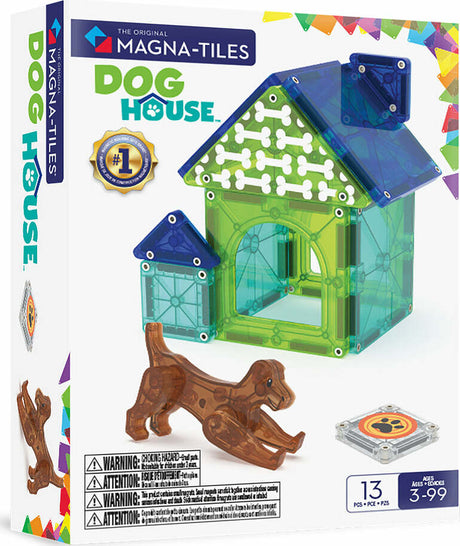 Magna-Tiles Dog House toy set packaging with colorful border and toy pieces.