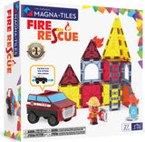 Magna-Tiles Fire Rescue toy set packaging with colorful building blocks and a fire truck model.