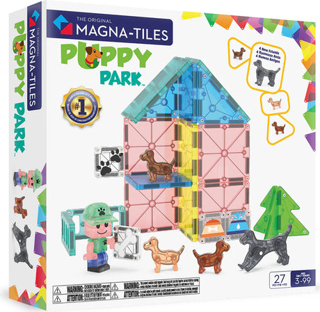 Magna-Tiles Puppy Park toy set packaging with colorful tiles and figures on a white background