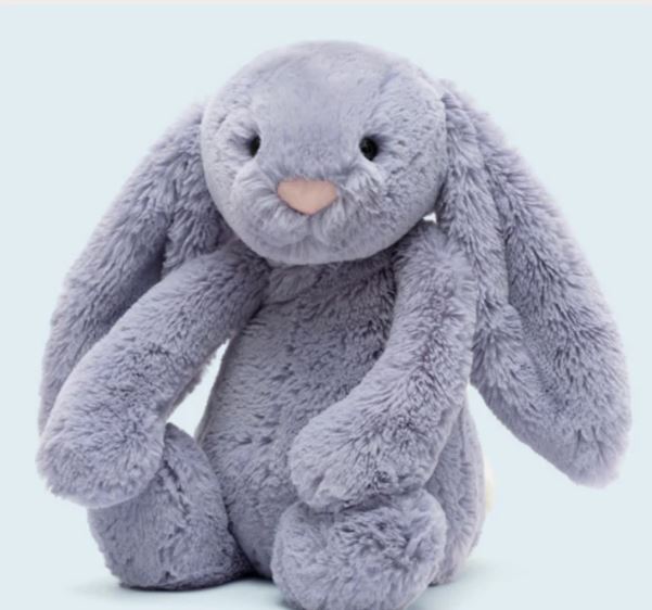 Bashful Viola Bunny Medium plush featuring soft, lavender fur with long floppy ears and a gentle expression, perfect as a cuddly toddler toy or gift.