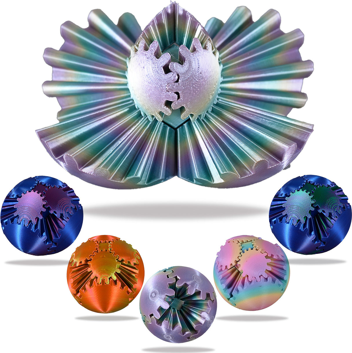 Set of colorful Gear Ball Fidget Toys on a white background