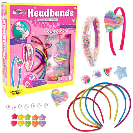 Chic Boutique Headbands kit with packaging, colorful headbands, and decorative items on a white background