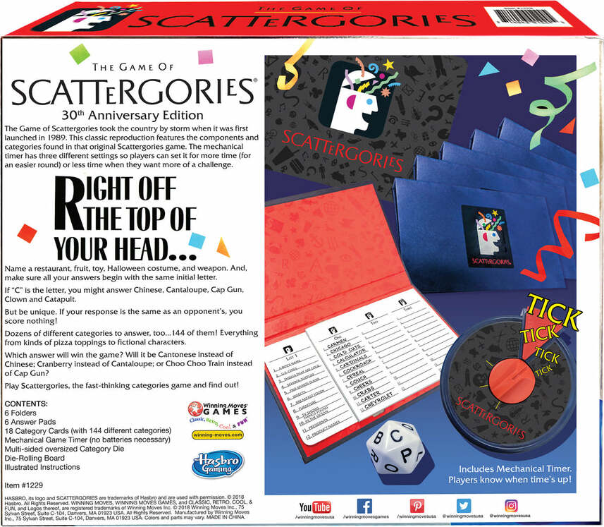 The Game of Scattergories - 30th Anniversary Edition game box with components on a white background