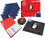 The Game of Scattergories - 30th Anniversary Edition set with red box, blue cards, spinner, dice, and mat on a white background