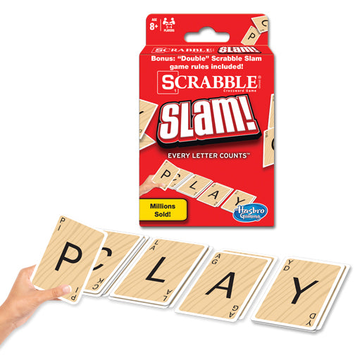 Scrabble Slam game packaging with wooden tiles spelling 'PLAY' on a white background