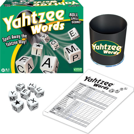 Yahtzee Words game set with dice, score sheet, and branded cup on a white background