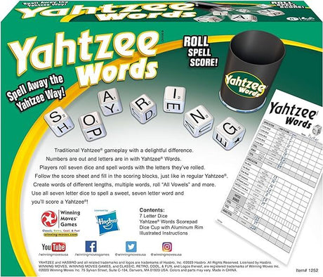 Yahtzee Words game box with dice, cup, and score sheet on a green background