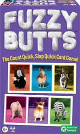Box of 'Fuzzy Butts' card game with images of animals on a purple background