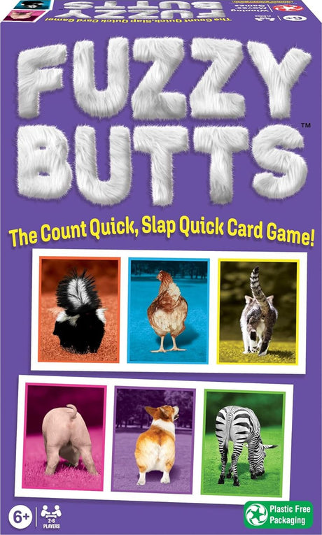 Box of 'Fuzzy Butts' card game with images of animals on a purple background
