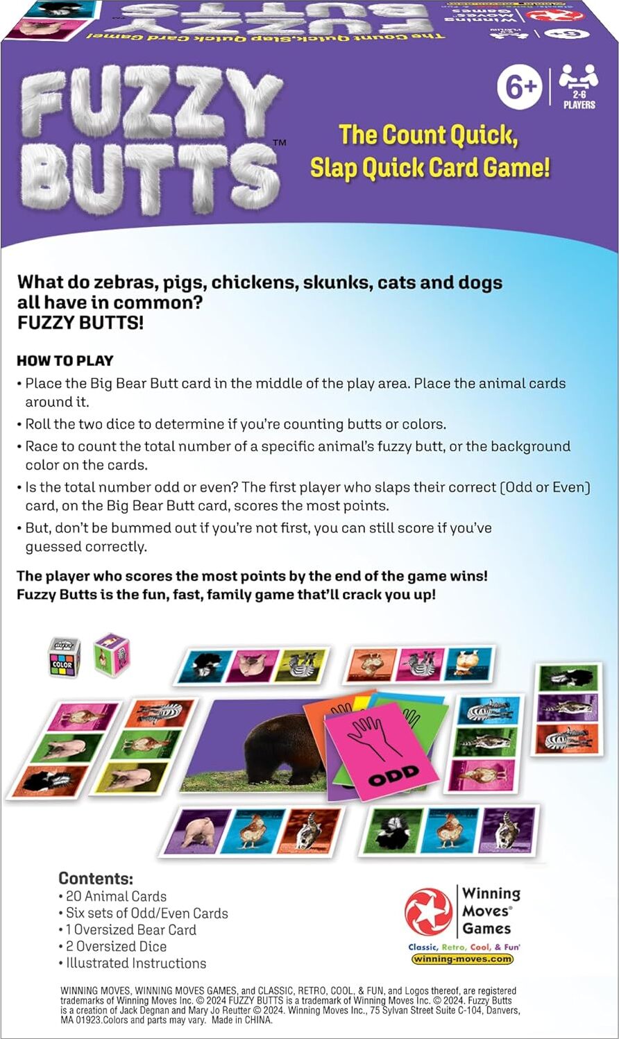 Fuzzy Butts card game packaging with game rules and components on a blue background