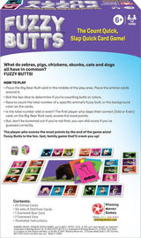 Fuzzy Butts card game packaging with game rules and components on a blue background