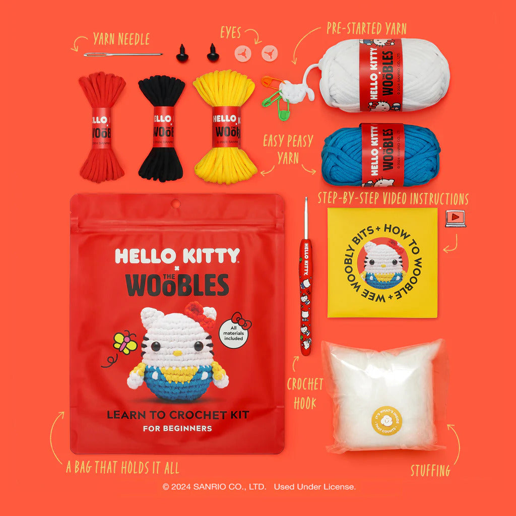 Hello Kitty Woobles crochet kit with various items on an orange background