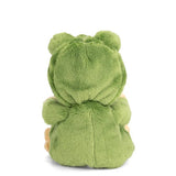 Plush toy bear wearing a green frog costume on a white background