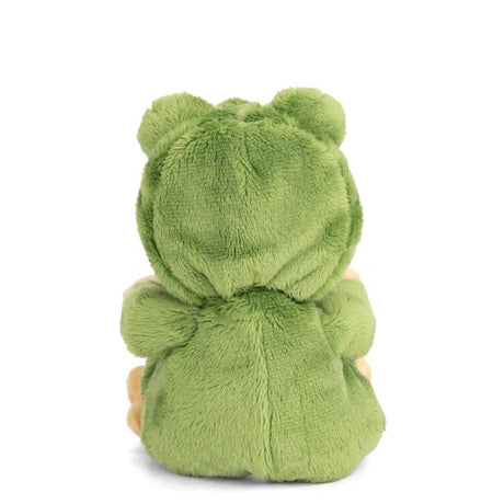 Plush toy bear wearing a green frog costume on a white background